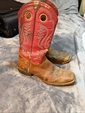 Worn Justin Boots Kids Red and Brown Western Pull-On Cowboy Boots